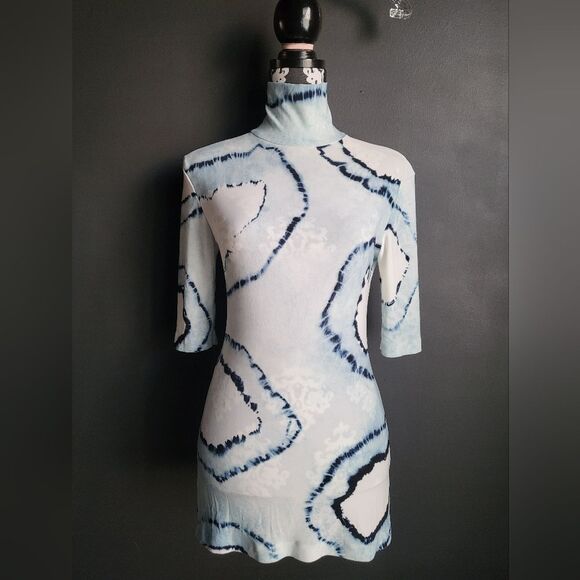 Norma Kamali Blue White Mock Neck Tye Dye Mid Sleeve Tunic Mini Dress Sz S - Picture 1 of 12